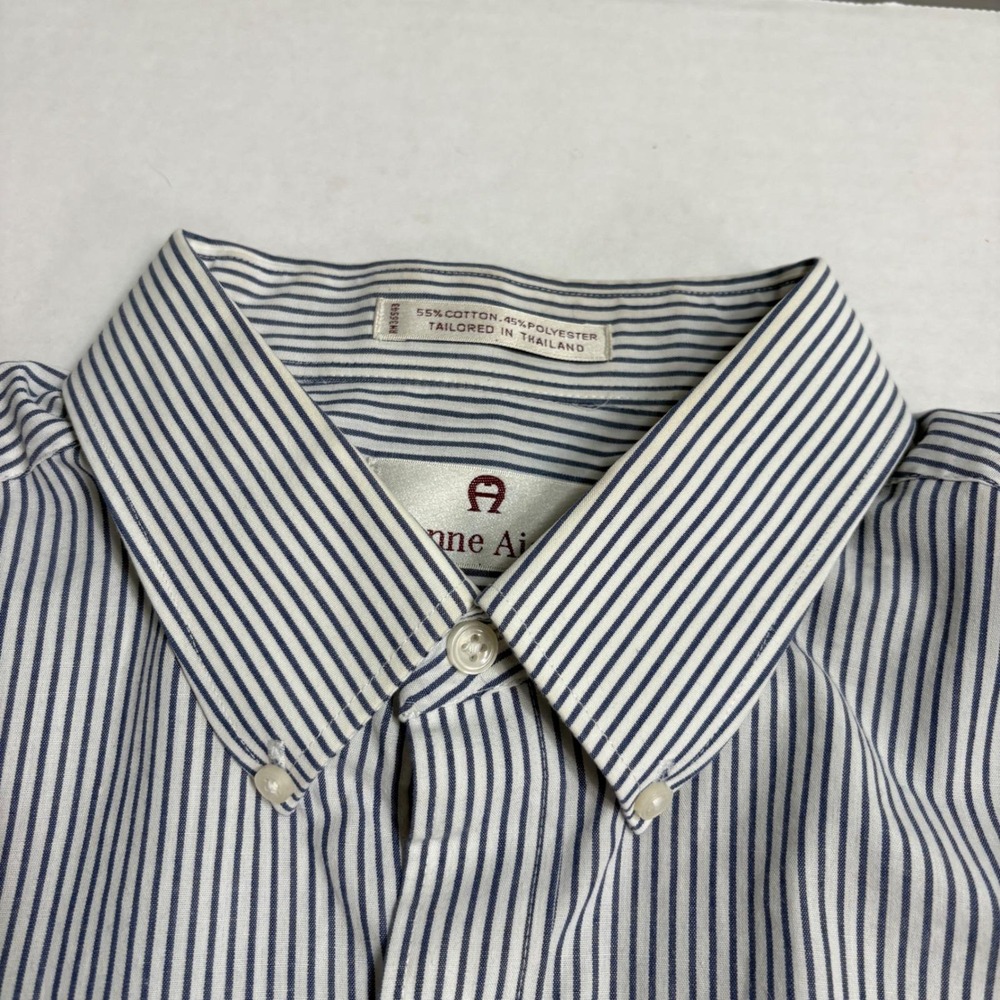 Vtg 90s Etienne Aigner Blue White Striped Dress Shirt 17 34/35 Tailored Thailand